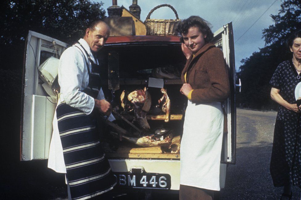 William Glasscock and his daughter, Pearl, deliver meat from TD Dennis, a butcher's shop in Ashwell, Hertforshire