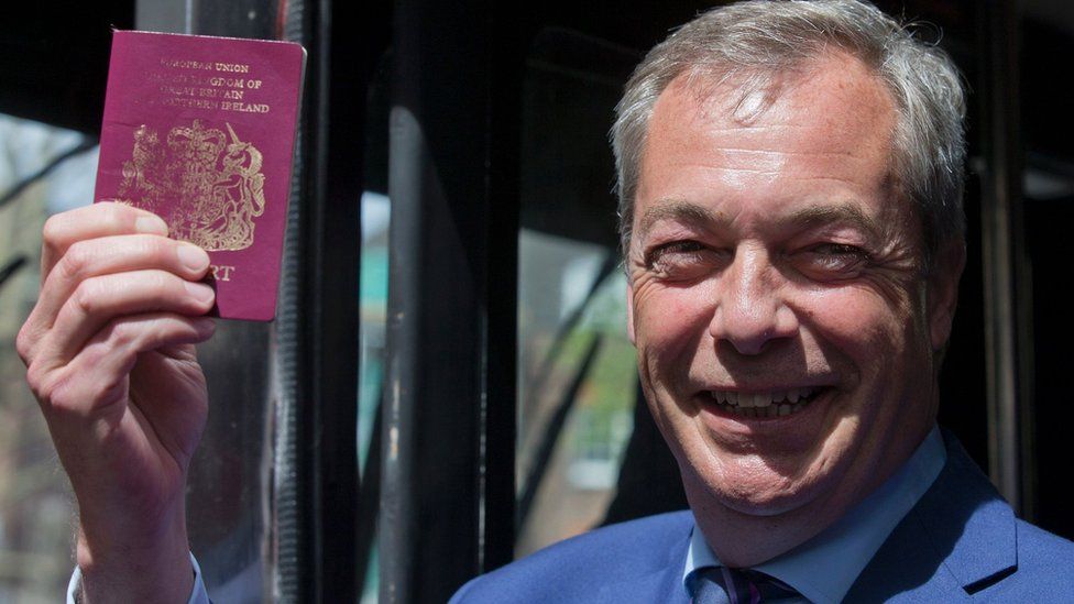Nigel Farage holding a passport