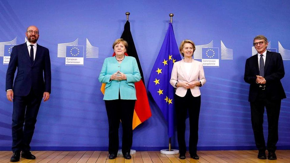 German Chancellor Angela Merkel (2nd L) was in Brussels ahead of the summit for talks with EU leaders Charles Michel, Ursula von der Leyen and David Sassoli