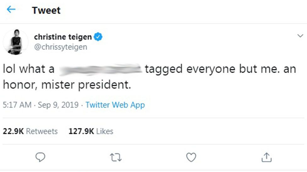 Chrissy Teigen Filthy Mouthed Says President Trump Bbc News