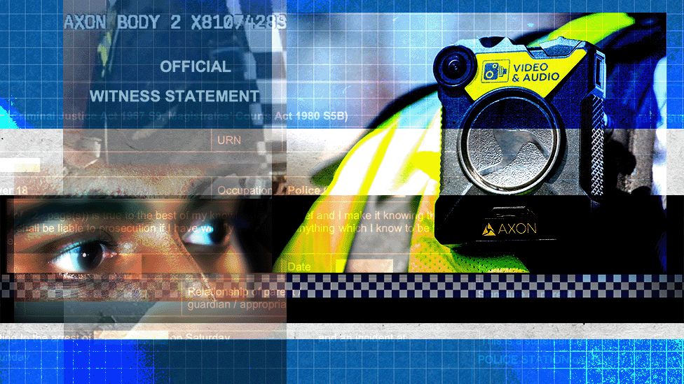 Treated image showing whistleblower's eyes, a police body cam and wording of a witness statement