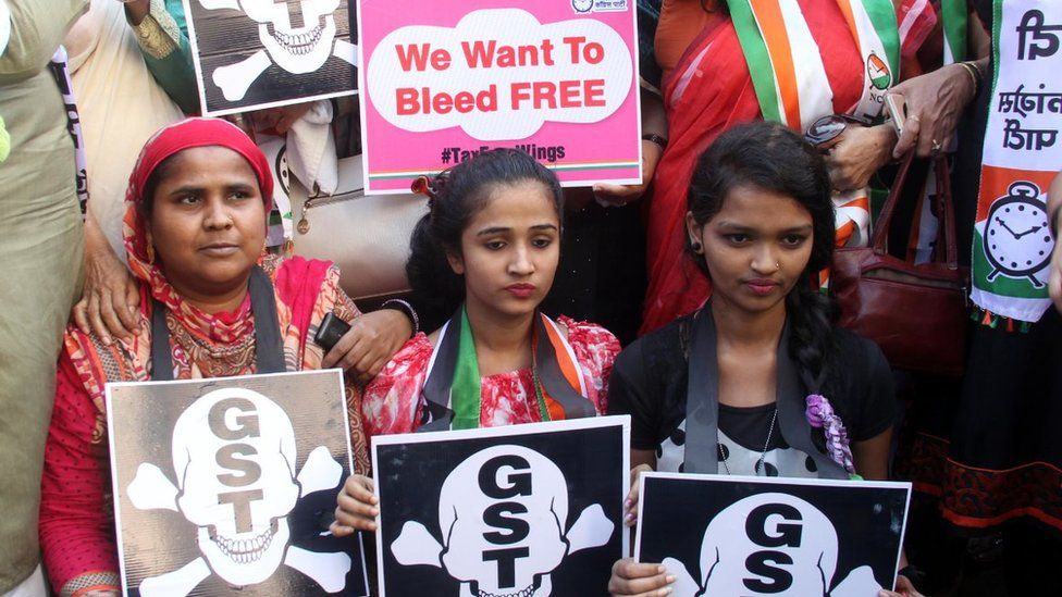 The women's wing of the NCP held a protest outside the Sales Tax office, demanding exclusion of sanitary napkins from the GST ambit and to make it tax free at Mazgaon, on January 18, 2018 in Mumbai, India