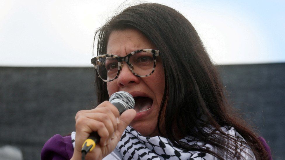 Representative Rashida Tlaib addresses attendees as she takes part in a protest calling for a ceasefire in Gaza outside the US Capitol, in Washington