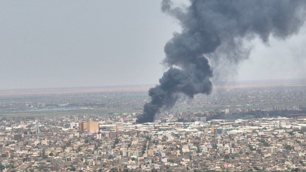 Drone footage shows dense smoke rising from fires near the Sudan capital Khartoum