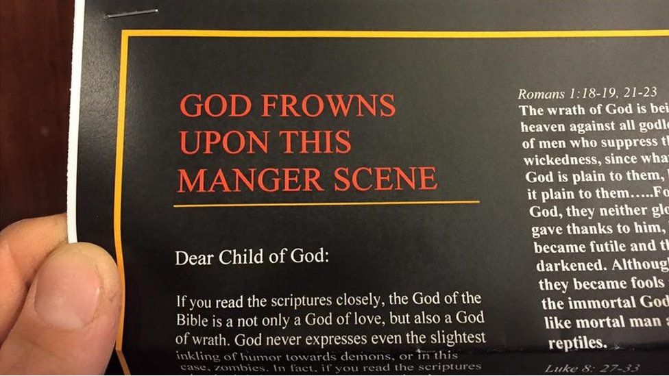 A letter that says "God frowns upon this manger scene"