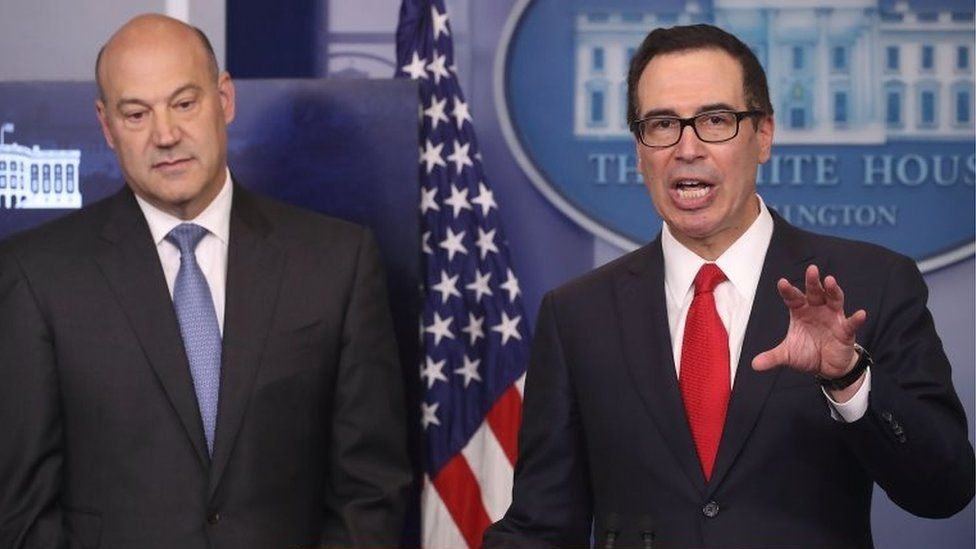 Secretary of the Treasury Steven Mnuchin (R) and National Economic Director Gary Cohn speak about President Donald Trump"s new tax reform plan.