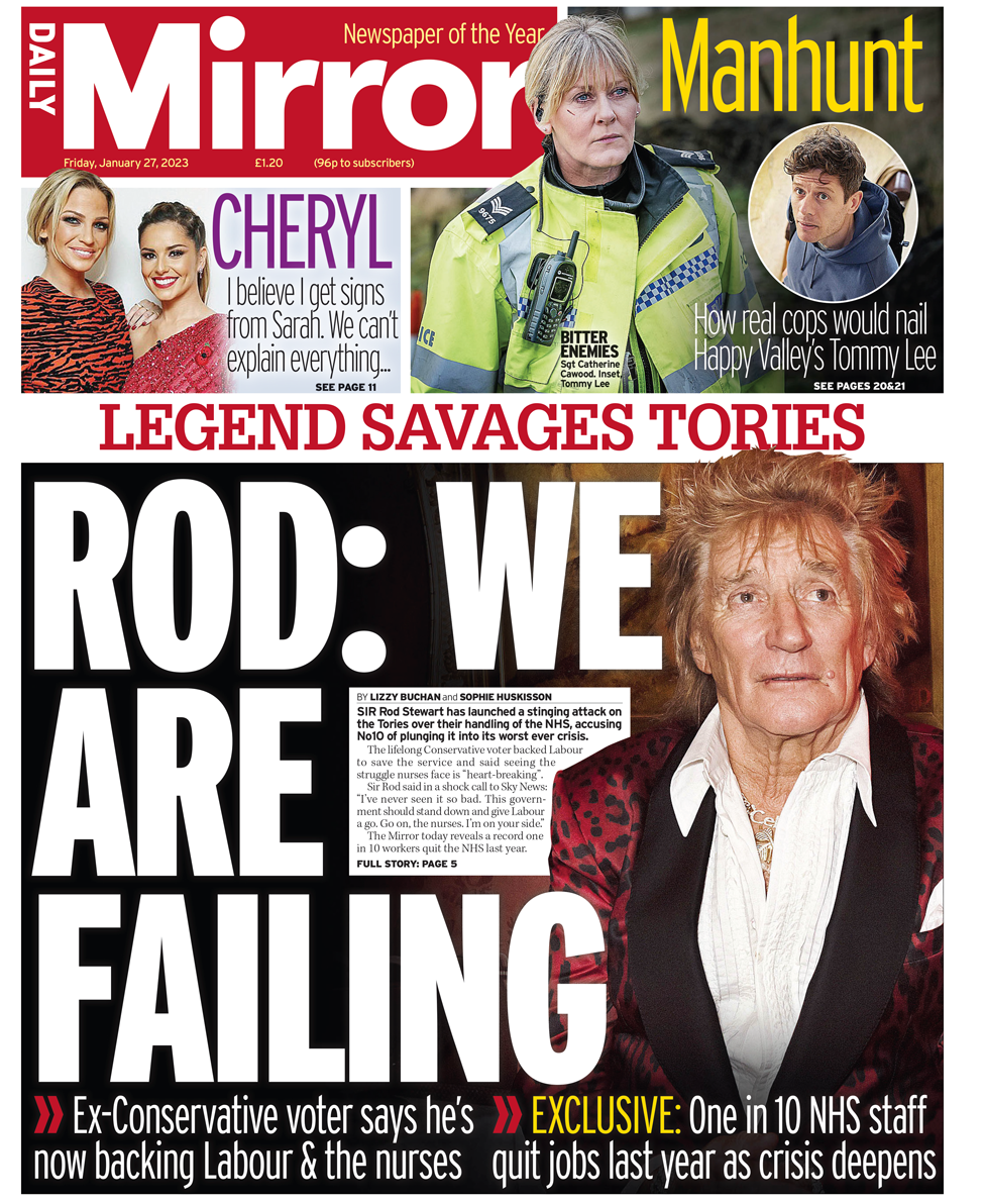 The Daily Mirror front page 27 January 2023