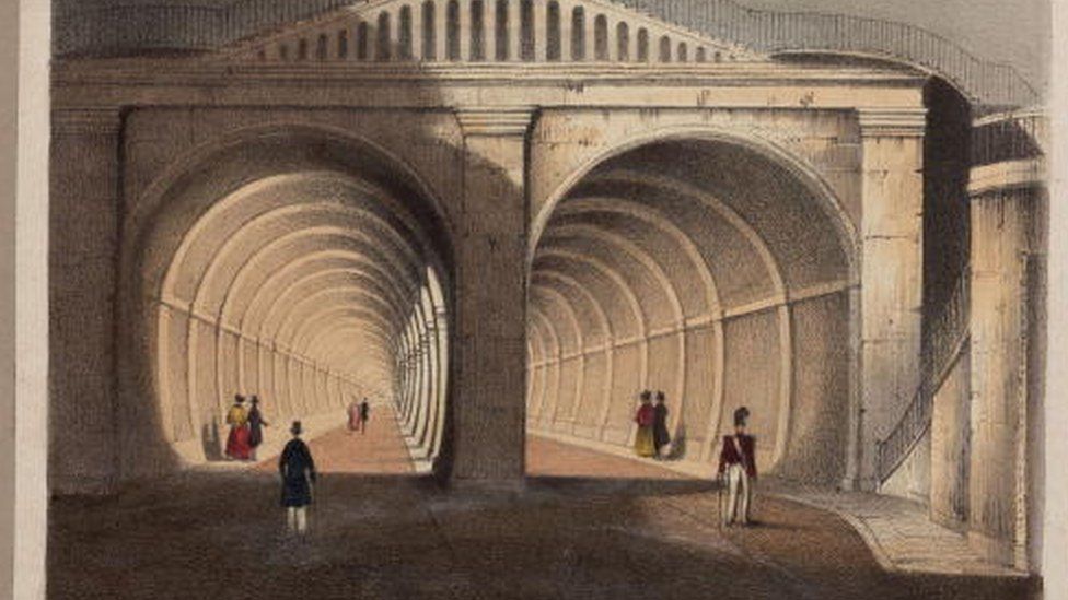 The Thames Tunnel, London, 1832. Cross-section of Marc Isambard Brunel's double-arched masonry tunnel beneath the Thames.