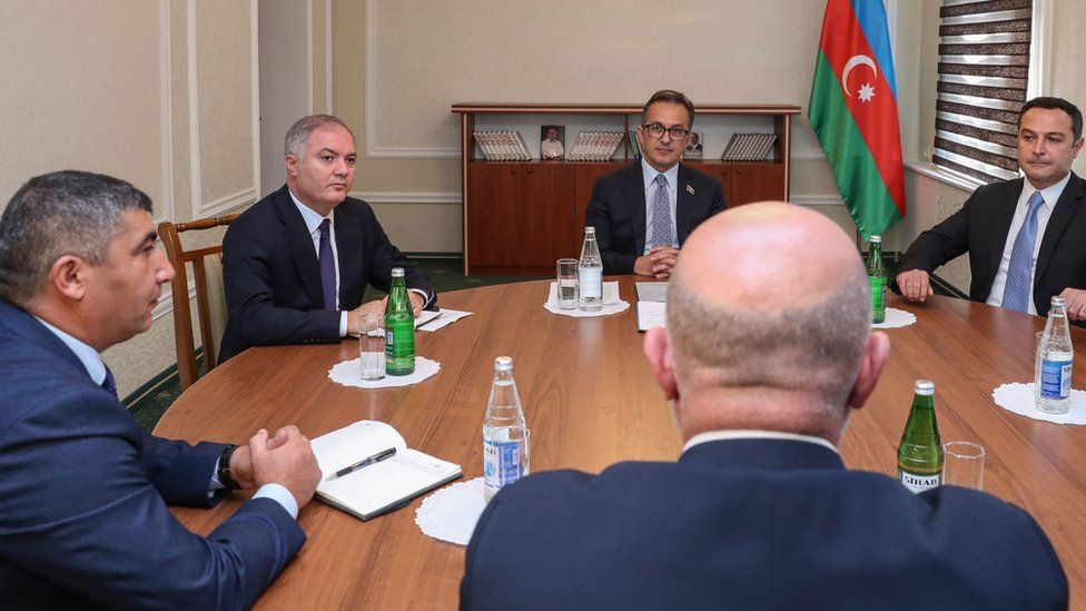 Azerbaijani and ethnic-Armenian representatives at talks in the town of Yevlakh