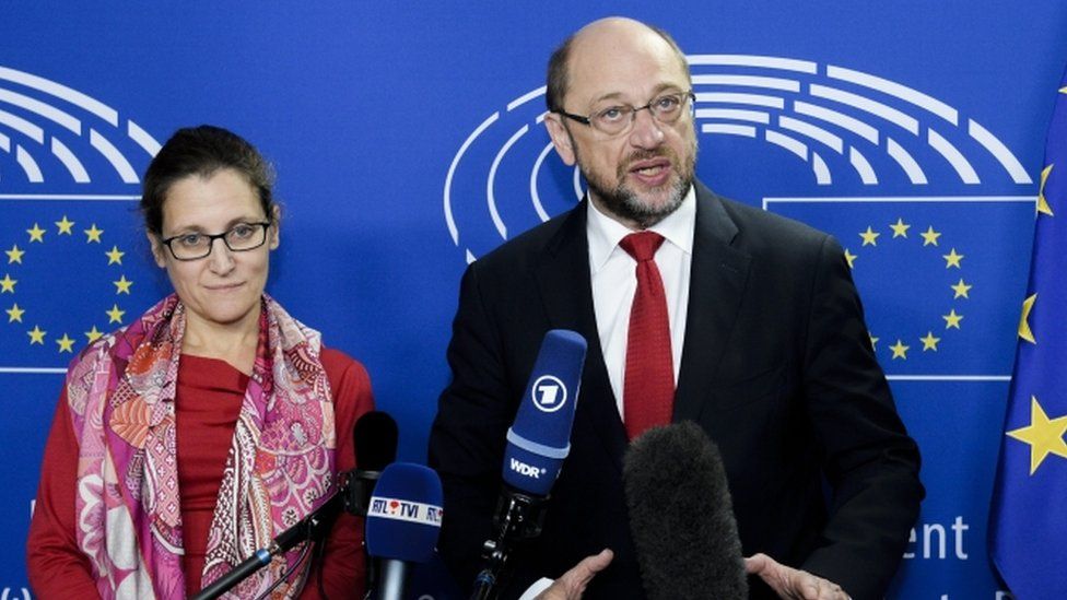 Canada's Chrystia Freeland and Martin Schulz and speaking at the European parliament in Brussels, Belgium, 22 October 2016