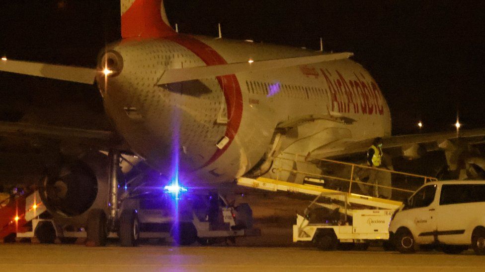 View of Royale Air Maroc's plane after an emergency landing at Palma de Mallorca's Airport, Balearic Islands, Spain, 05 November 2021
