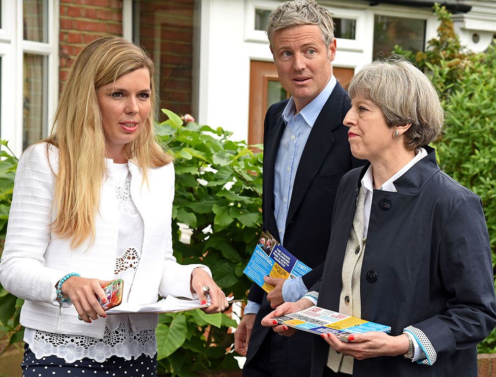 Prime Minister Theresa May door-to-door leafleting with Zac Goldsmith and Carrie Johnson in 2017