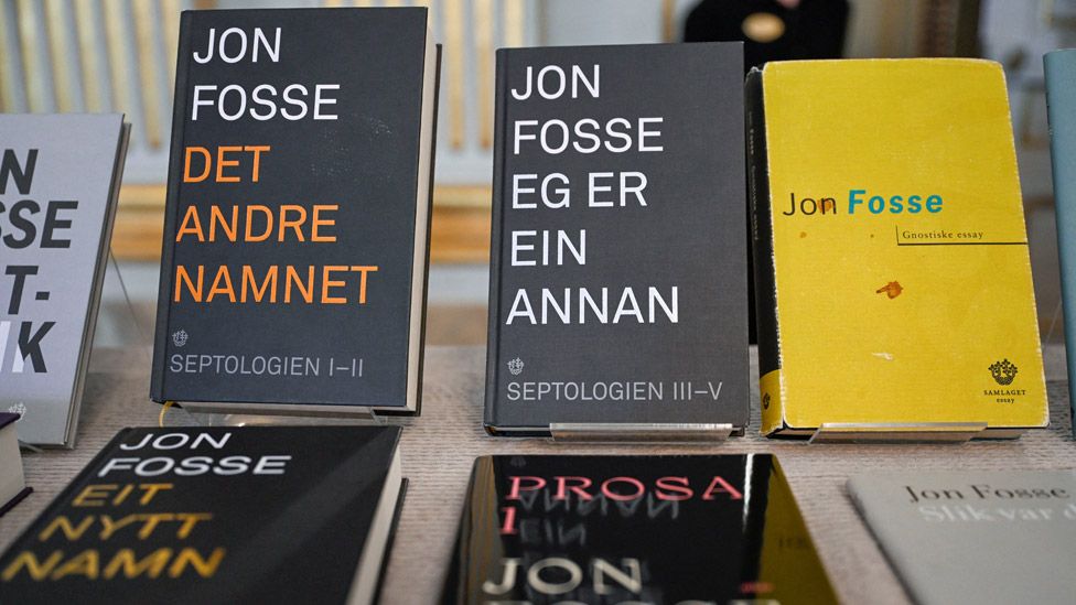 Books written by Jon Fosse are seen on the day The Swedish Academy announced Fosse as the laureate of this year's Nobel Prize in Literature, in Stockholm October 5, 2023