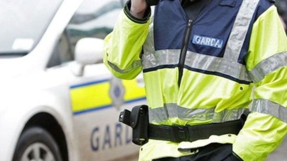 A garda standing beside a patrol car