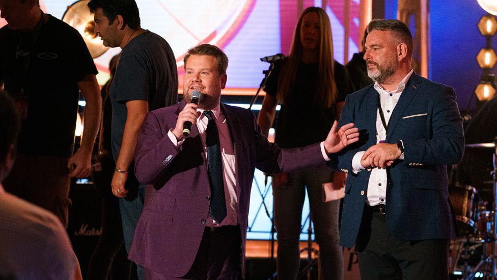 James Corden with Andy Collins on the set of The Late Late Show