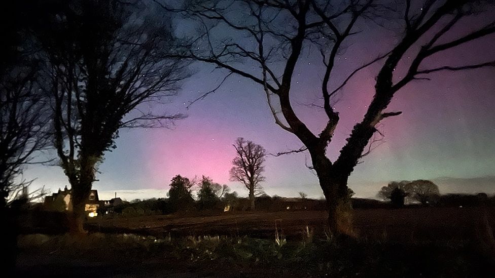 Northern lights over the countryside at Blofield in Norfolk