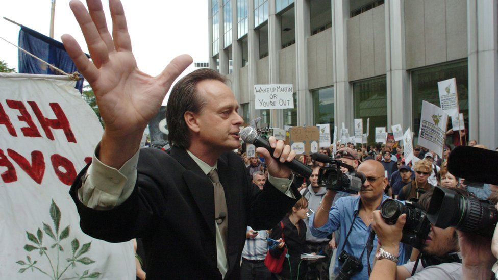 Marc Emery addresses a crowd of four hundred that attended an anti-extradition rally held for him in front of the U.S. Consulate on September 10, 2005 in Vancouver, Canada. Marc Emery, leader of the British Columbia Marijuana Party, is facing extradition to the U.S.A for selling marijuana seeds on the internet. Emery attended one of many Free Marc Emery pot rallies across Canada, America and around the world.