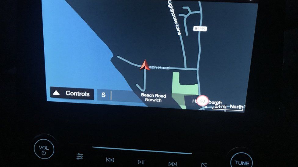 A sat-nav pinpoints the location of Darcy's house - notice how close it is to the sea,