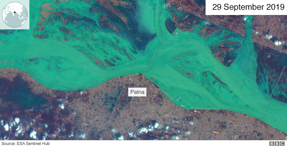 A satellite image of the Ganges river overflowing on 29 September 2019