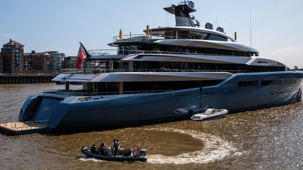 Aviva, Joe Lewis's superyacht, seen in London in 2018