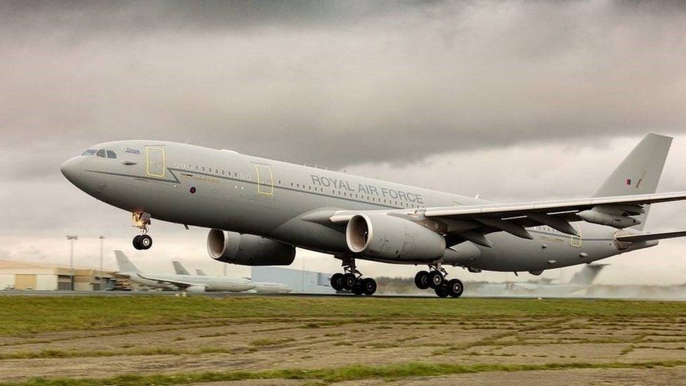 The Airbus A330MRTT RAF Voyager takes off from RAF Brize Norton for the first time powered by 100% SAF on both engines