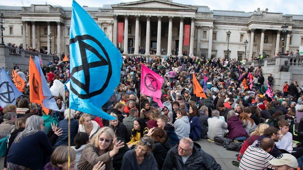 Extinction Rebellion take over Trafalgar Square in protest where they gathered for speeches and to form discussion groups on 16th October 2019 in London