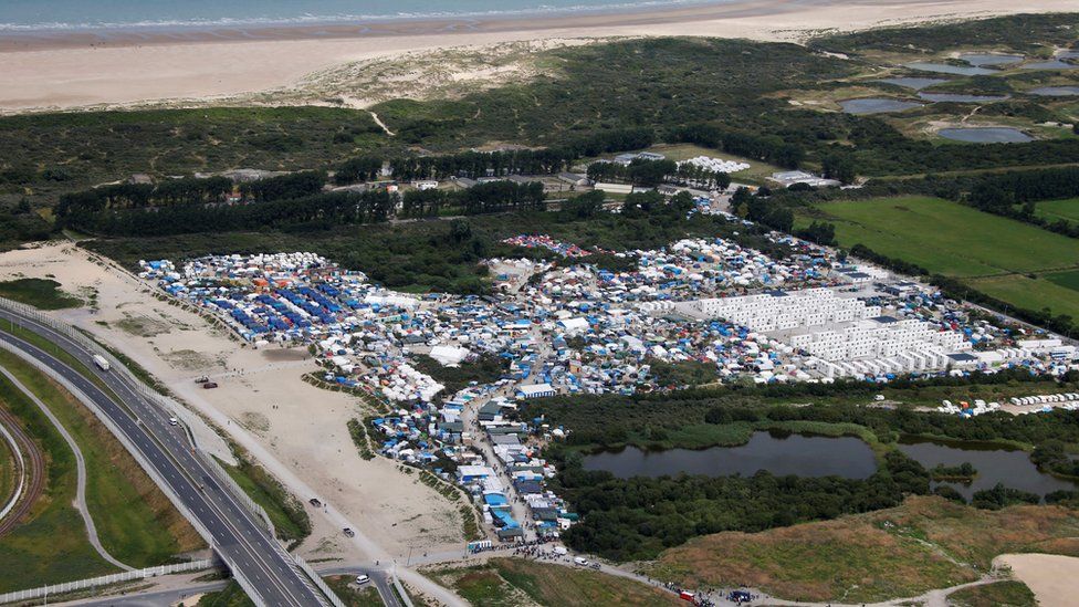 A aerial photograph of the Calais migrant camp known as the Jungle