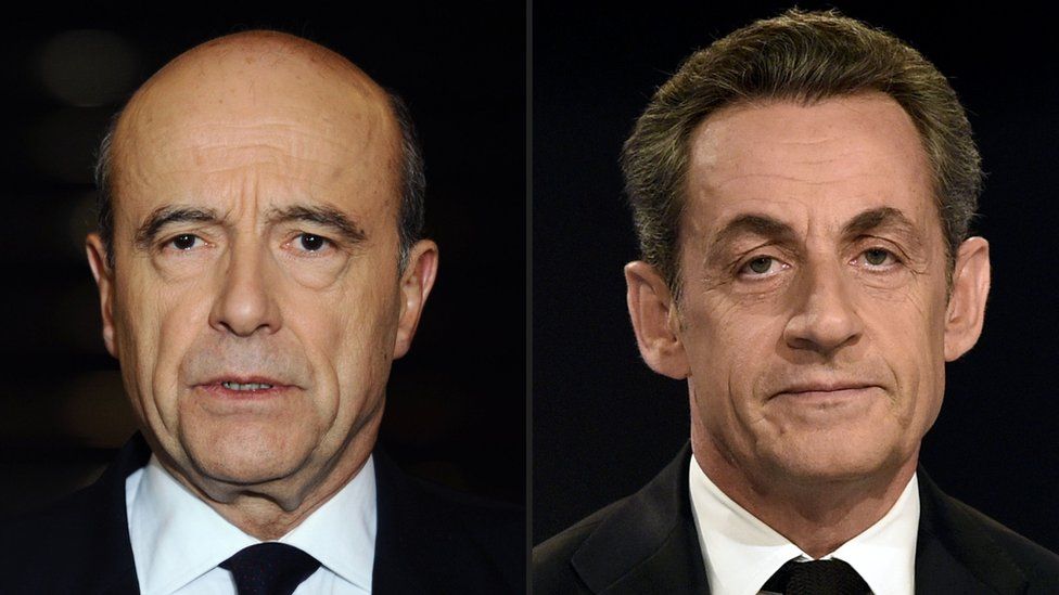 Alain Juppe (L) and Nicolas Sarkozy (R)