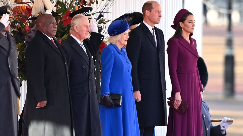 Standing in a line from right to left with soldiers saluting behind them: Cyril Ramaphosa, King Charles, Queen Consort Camilla, Prince William, Princess Kate.