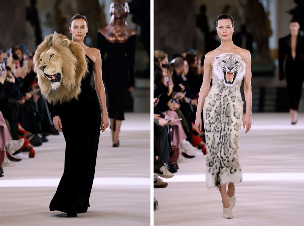 Irina Shaykhlislamova and Shalom Harlow walk the runway during the Schiaparelli Haute Couture