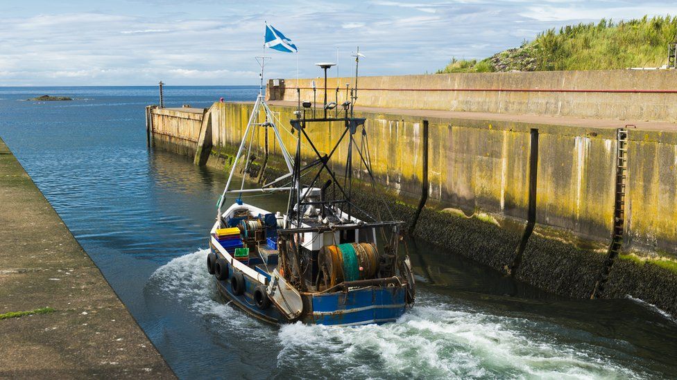 Scottish fishing boat leaving Eyemouth