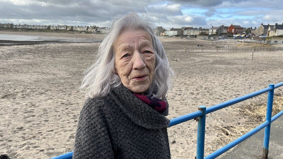 Sheila Harrison on the shore at Newbiggin
