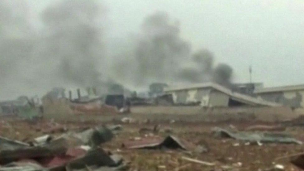 Image from state television shows the destruction after the blast