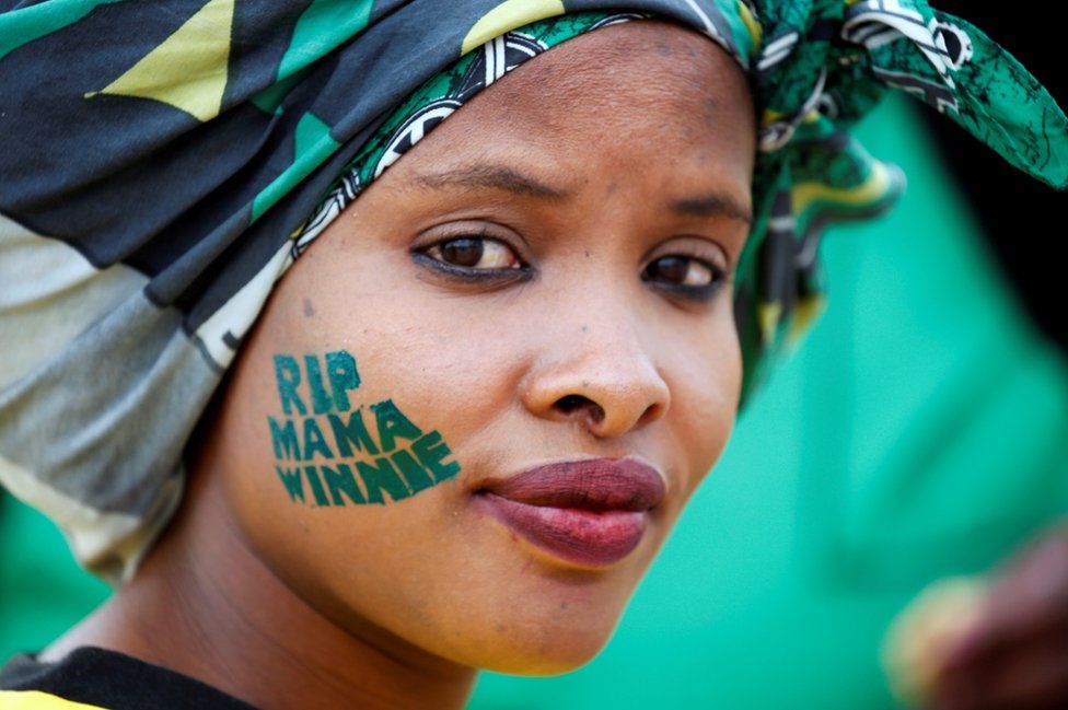 An African National Congress (ANC) supporter at a memorial service for Winnie Madikizela-Mandela at Orlando Stadium in Johannesburg's Soweto township, South Africa, 11 April 2018.