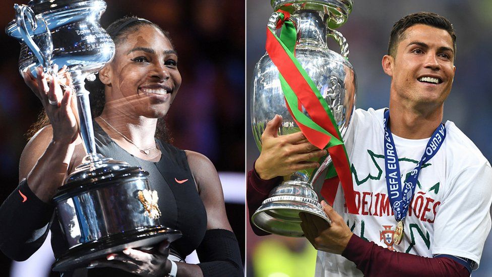 Serena Williams and Cristiano Ronaldo holding trophies
