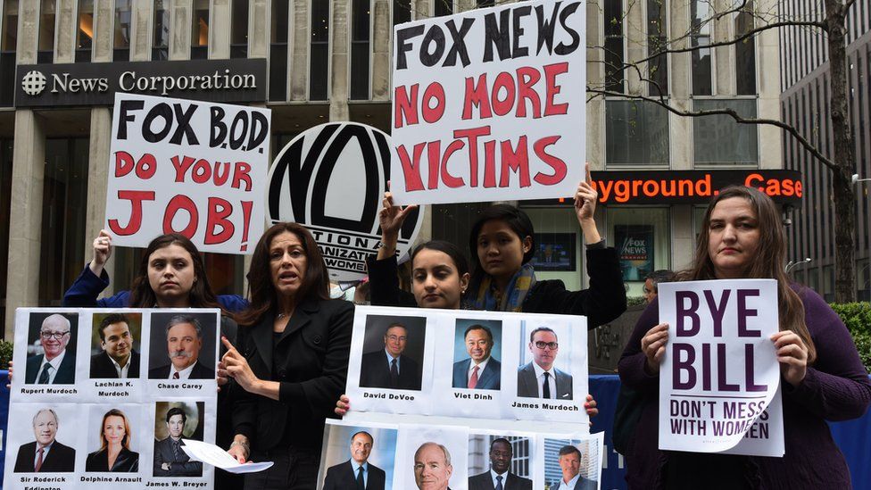Sonia Ossorio President, National Organization for Women of New York (C) and other women hold a protest in front of the News Corporation Headquarters in New York April 20, 2017 the morning after Fox News officially cut ties with Bill O'Reilly over sexual harassment allegations.