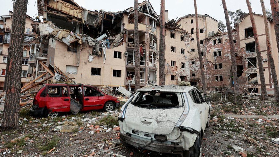 A view shows a residential building destroyed by recent shelling, as Russia"s invasion of Ukraine continues, in the city of Irpin in the Kyiv region, Ukraine March 2, 2022.