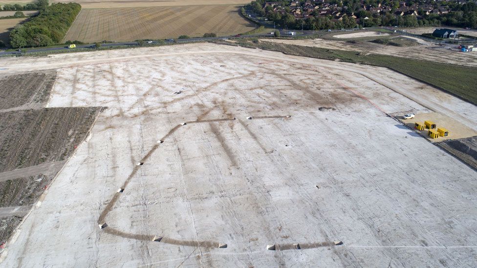 An aerial shot of an excavation between Cherry Hinton and Teversham, showing excavated structures