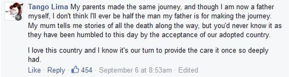 Facebook replies to Tat Wa Lay on his post on migrants: My parents made the same journey, and though I am now a father myself, I don't think I'll ever be half the man my father is for making the journey. My mum tells me stories of all the death along the way, but you'd never know it as they have been humbled to this day by the acceptance of our adopted country. I love this country and I know it's our turn to provide the care it once so deeply had."