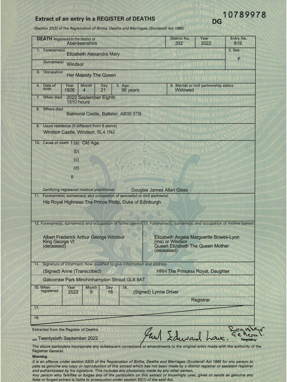 The Queen's death certificate