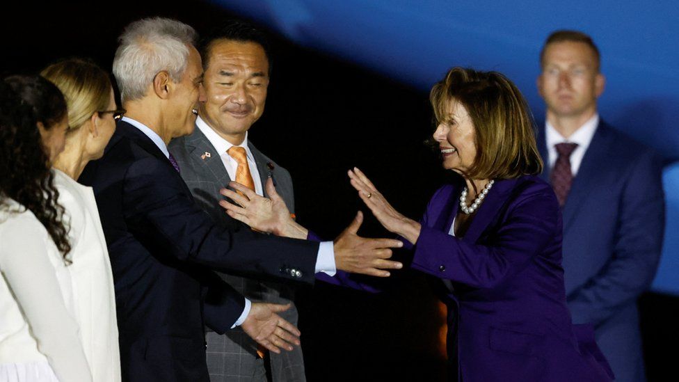 U.S. House of Representatives Speaker Nancy Pelosi is welcomed by U.S. Ambassador to Japan Rahm Emanuel at Yokota U.S. Air Force Base in Fussa, on the outskirts of Tokyo, Japan August 4, 2022. REUTERS/Issei Kato