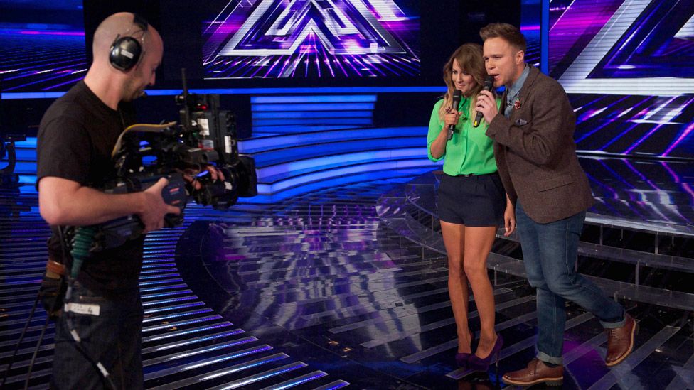Caroline Flack and Olly Murs filming The Xtra Factor
