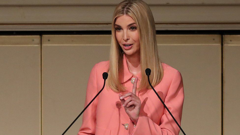 Ivanka Trump speaking from a podium in Japan