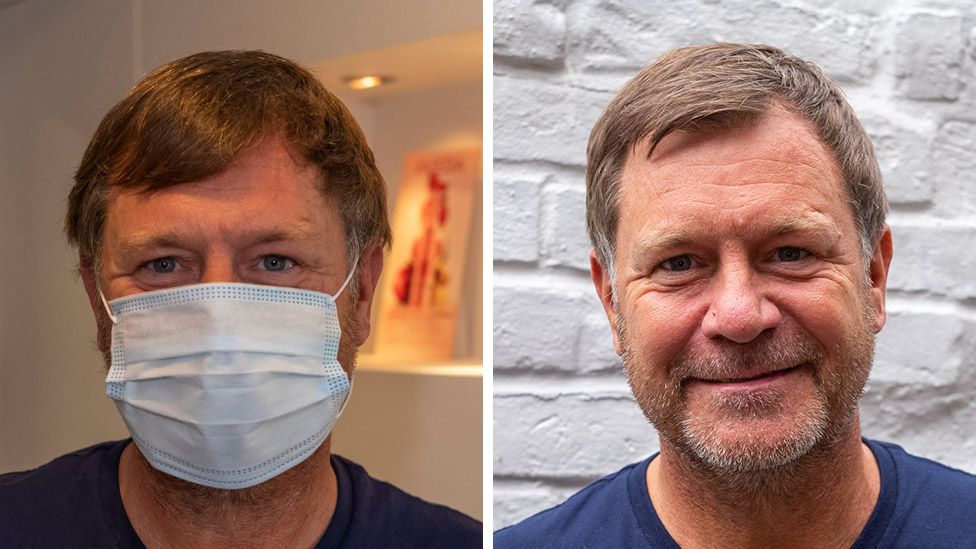 A before and after haircut portrait of Mark Hyland