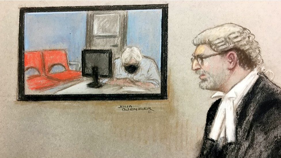 Court sketch of Julian Assange appearing in court via video link