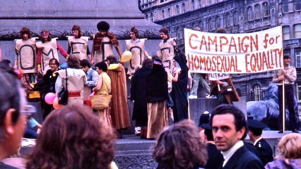 People attend the first official UK Gay Pride Rally in Trafalgar Square, London, in 1972