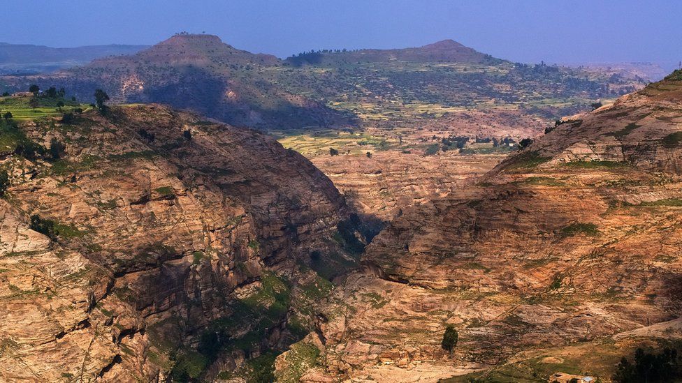 Mountain canyon landscape, with rock formations and valley, in Tigray in northern Ethiopia
