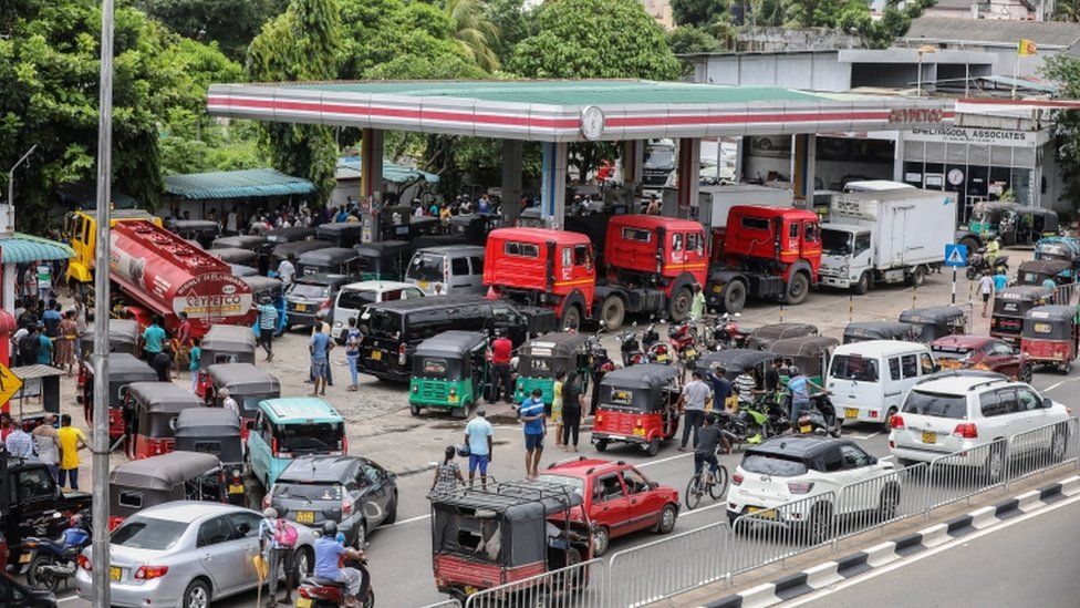 Vehicles queue at a petrol station in Colombo, Sri Lanka on Monday.