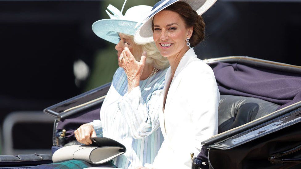 Camilla, Duchess of Cornwall, Catherine and Duchess of Cambridge ride in a carriage during the Trooping the Colour parade