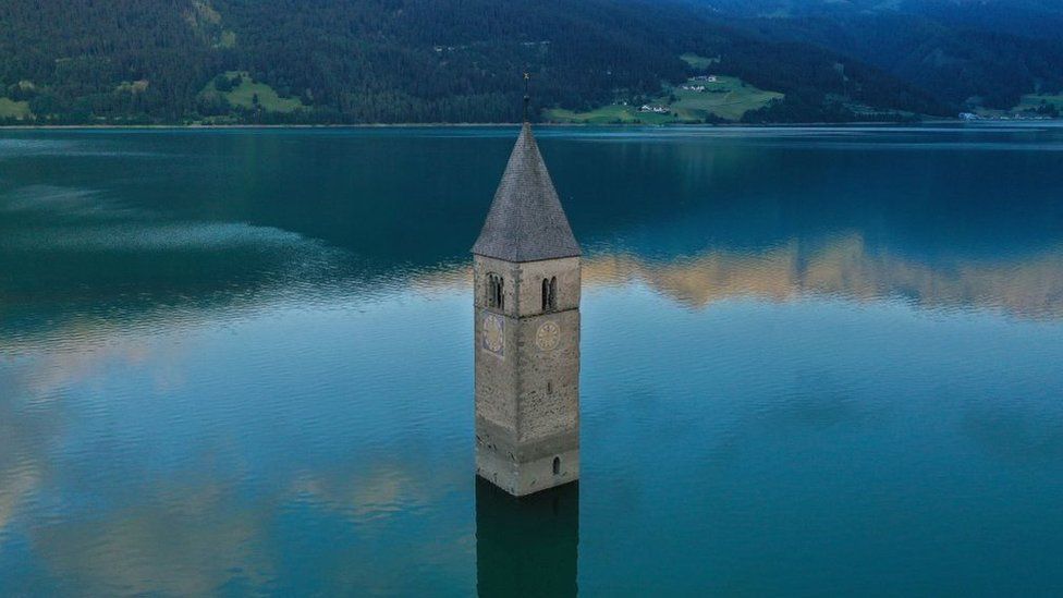 An aerial picture shows the bell tower in Lake Resia